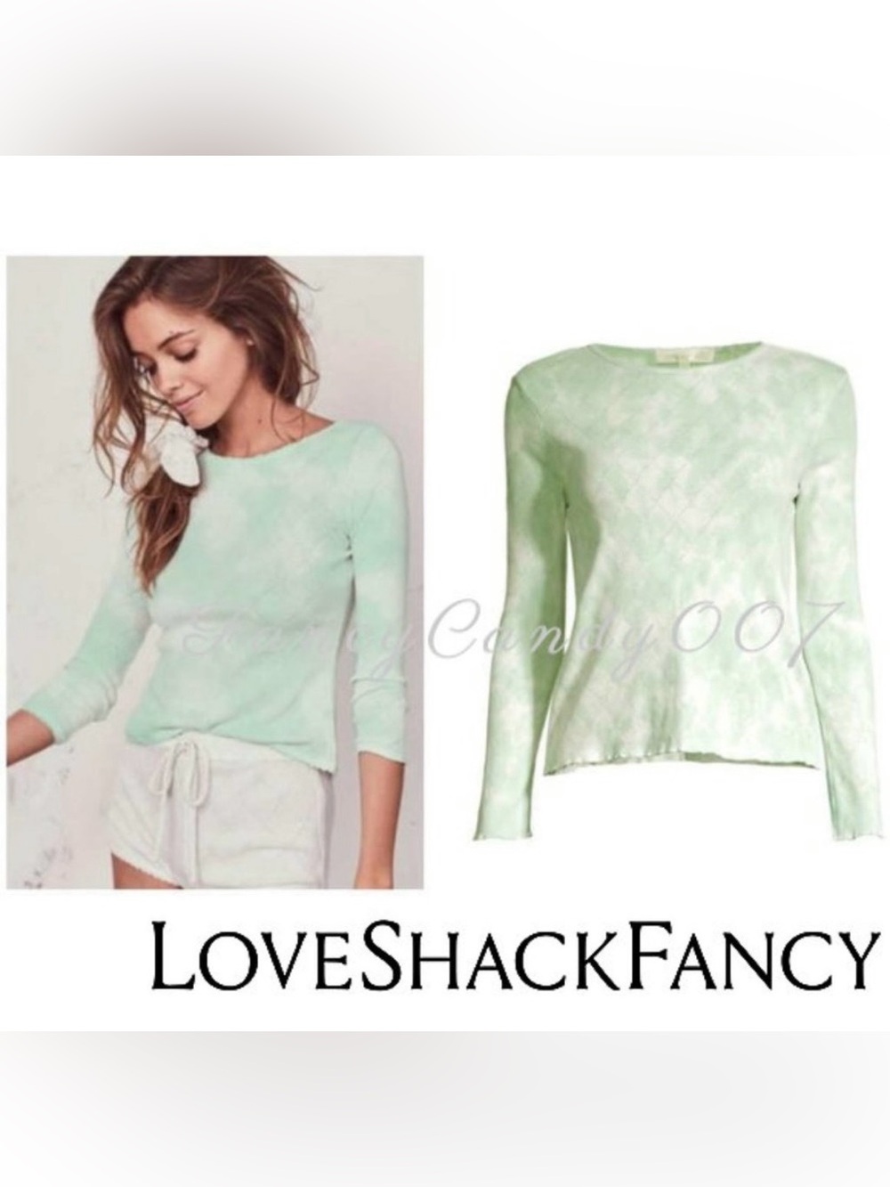 LoveShackFancy Pastel Mint Lace-Texture Long Sleeve Top